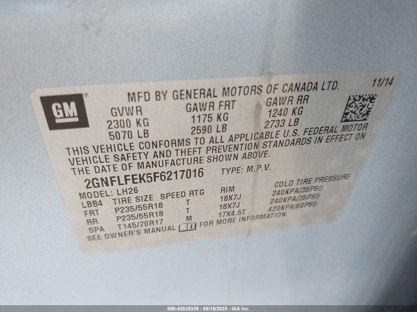 2015 CHEVROLET EQUINOX 1LT - 2GNFLFEK5F6217016