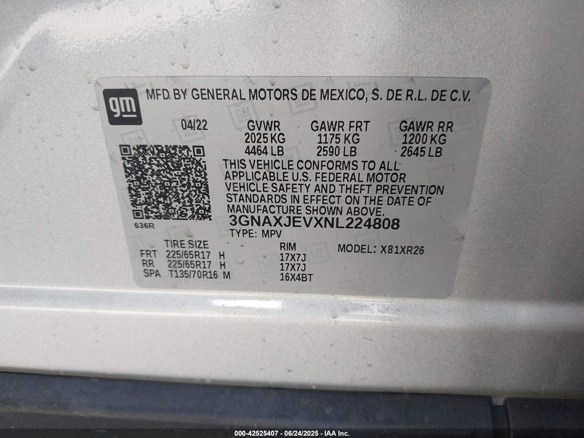 2022 CHEVROLET EQUINOX VIN: 3GNAXJEVXNL224808