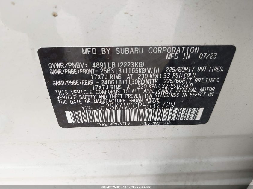 2023 Subaru Forester Wilderness VIN: JF2SKAMC0PH532729 Lot: 42525509