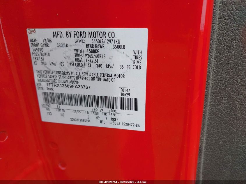 2009 Ford F-150 Stx/Xl/Xlt VIN: 1FTRX12869FA33767 Lot: 42525754