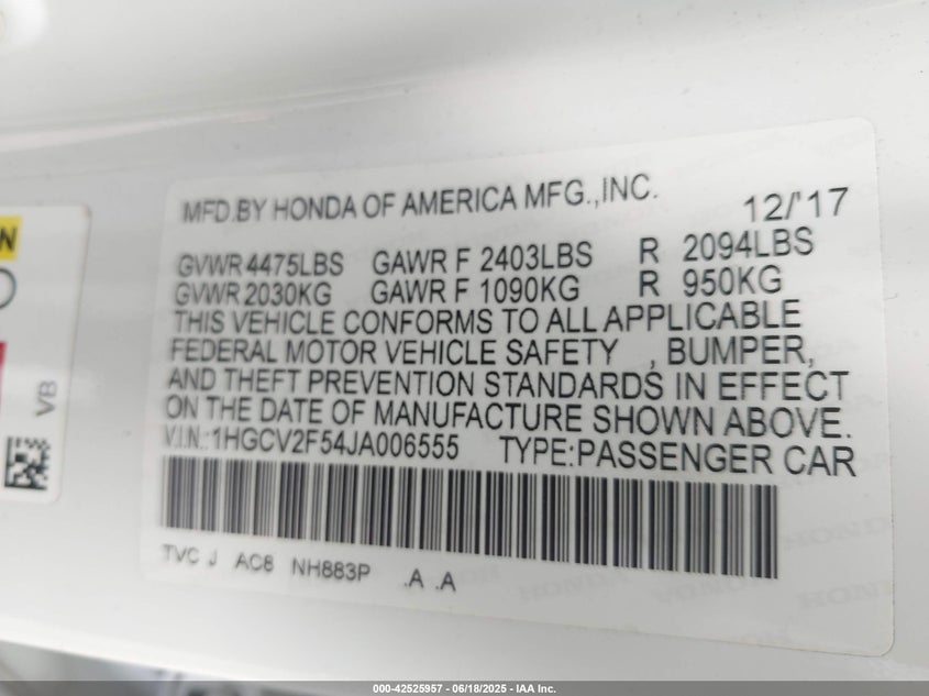 2018 Honda Accord Ex-L 2.0T VIN: 1HGCV2F54JA006555 Lot: 42525957