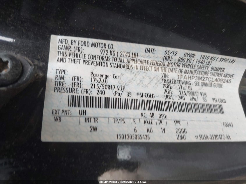 2012 FORD FOCUS VIN: 1FAHP3M27CL409245
