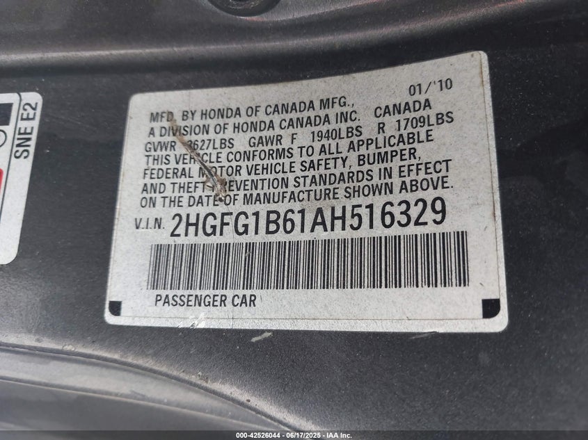 2010 HONDA CIVIC VIN: 2HGFG1B61AH516329