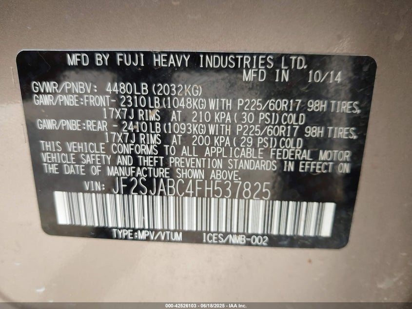 2015 SUBARU FORESTER 2.5I - JF2SJABC4FH537825