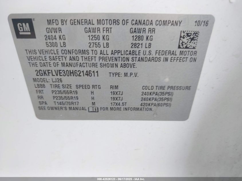 2017 GMC Terrain Denali VIN: 2GKFLVE30H6214611 Lot: 42526123