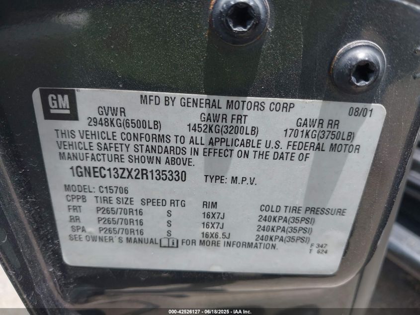 2002 Chevrolet Tahoe Ls VIN: 1GNEC13ZX2R135330 Lot: 42526127