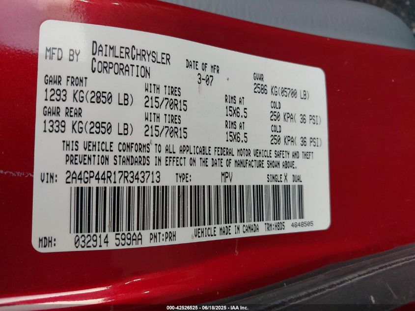 2007 Chrysler Town & Country Lx VIN: 2A4GP44R17R343713 Lot: 42526525