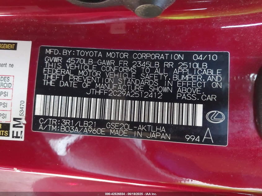 2010 LEXUS IS VIN: JTHFF2C29A2512412