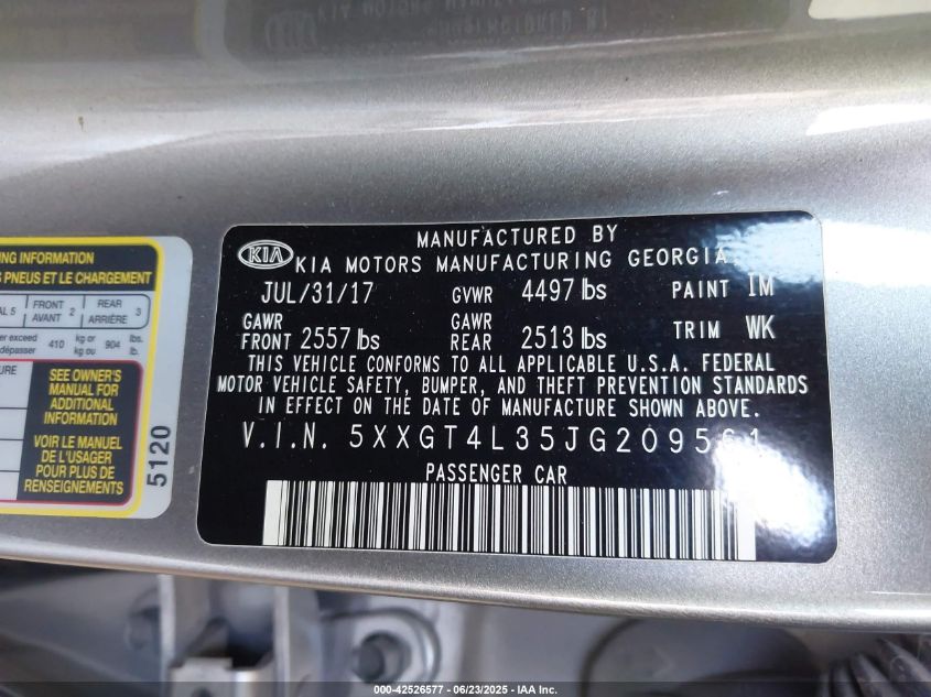 2018 Kia Optima Lx VIN: 5XXGT4L35JG209561 Lot: 42526577