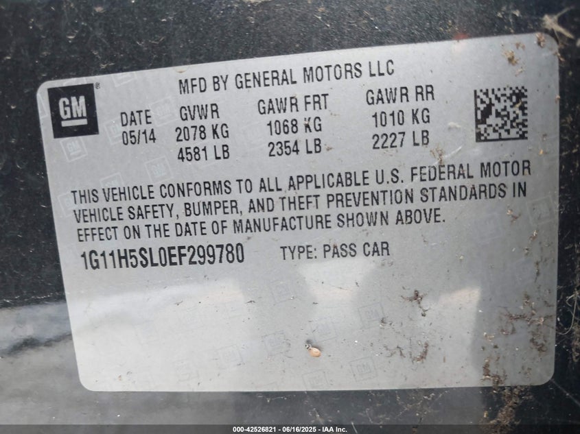 2014 CHEVROLET MALIBU VIN: 1G11H5SL0EF299780