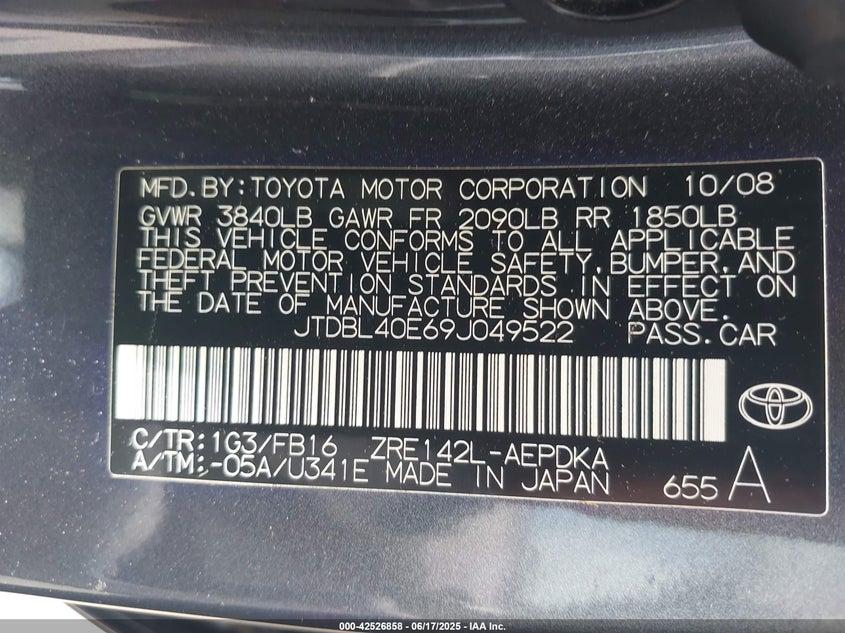 2009 TOYOTA COROLLA VIN: JTDBL40E69J049522