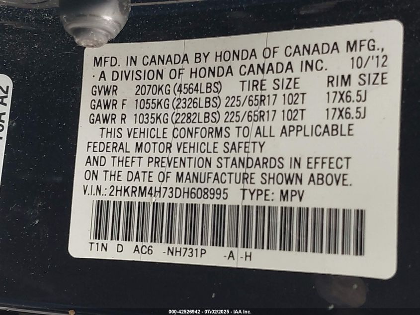 2013 Honda Cr-V Ex-L VIN: 2HKRM4H73DH608995 Lot: 42526942