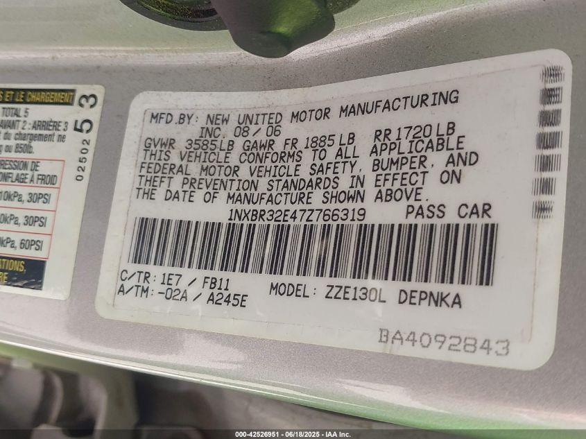 2007 Toyota Corolla Le VIN: 1NXBR32E47Z766319 Lot: 42526951