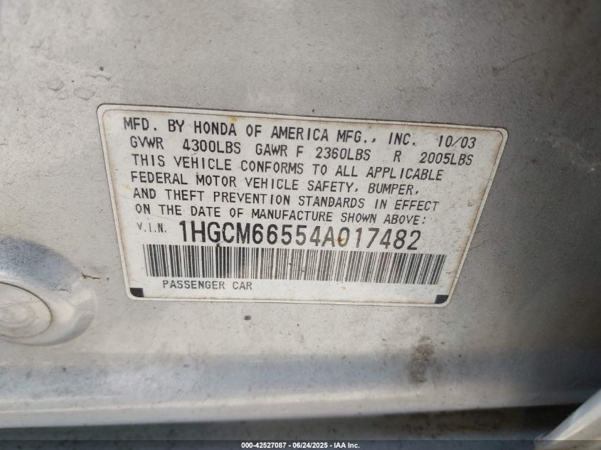 2004 Honda Accord 3.0 Ex VIN: 1HGCM66554A017488 Lot: 42527087