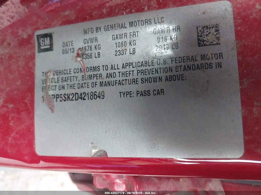 2013 BUICK VERANO VIN: 1G4PP5SK2D4218649