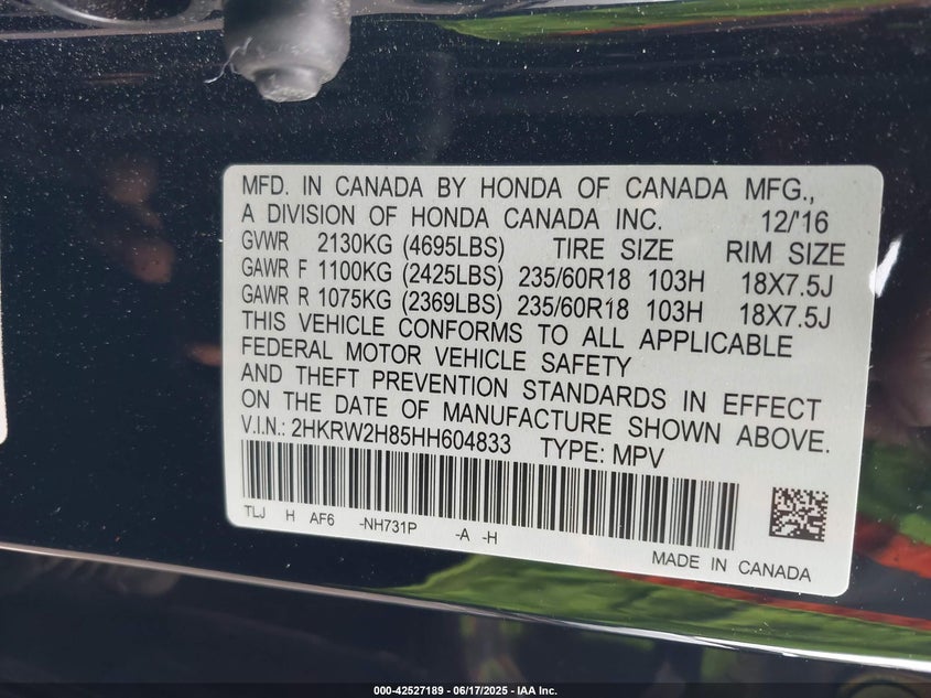 2017 HONDA CR-V VIN: 2HKRW2H85HH604833
