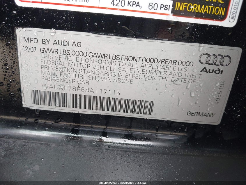 2008 AUDI A3 VIN: WAUNF78P68A117115