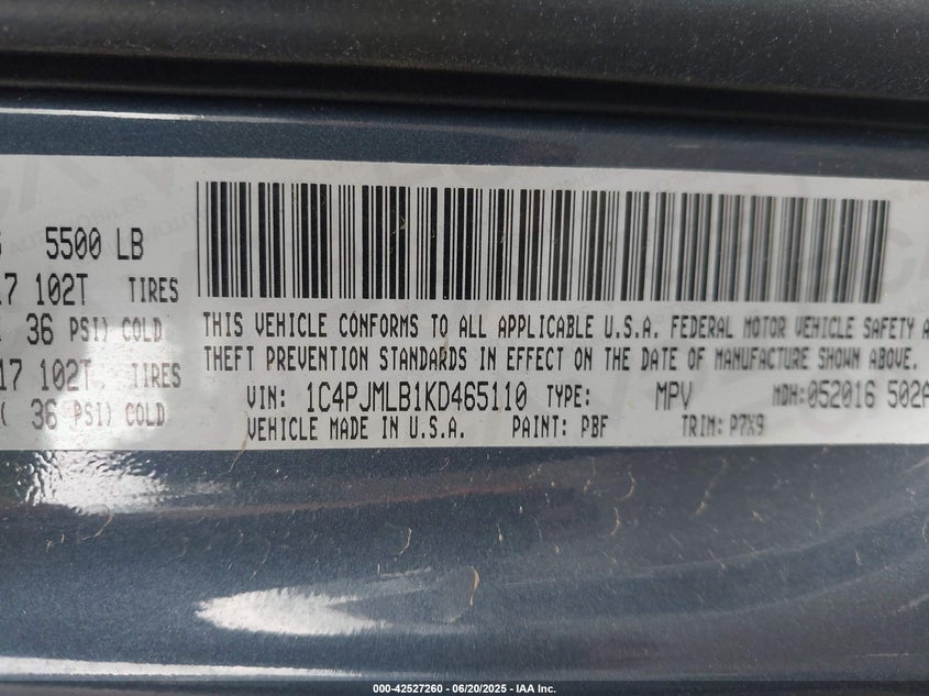 2019 JEEP CHEROKEE VIN: 1C4PJMLB1KD465110