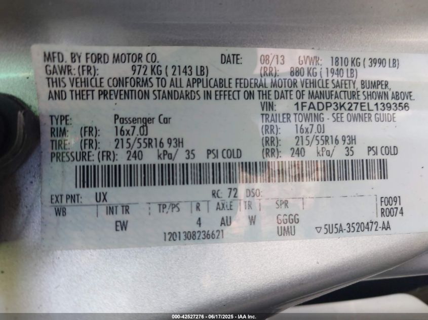 2014 Ford Focus Se VIN: 1FADP3K27EL139356 Lot: 42527276