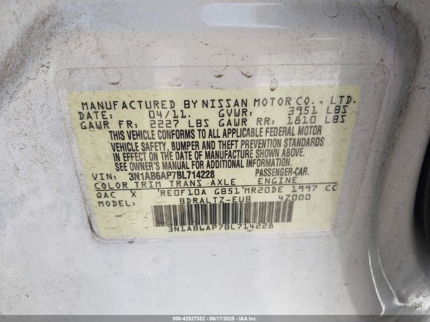 2011 Nissan Sentra 2.0S VIN: 3N1AB6AP7BL714228 Lot: 42527352