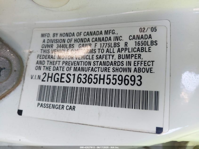 2005 Honda Civic Vp VIN: 2HGES163658559693 Lot: 42527613