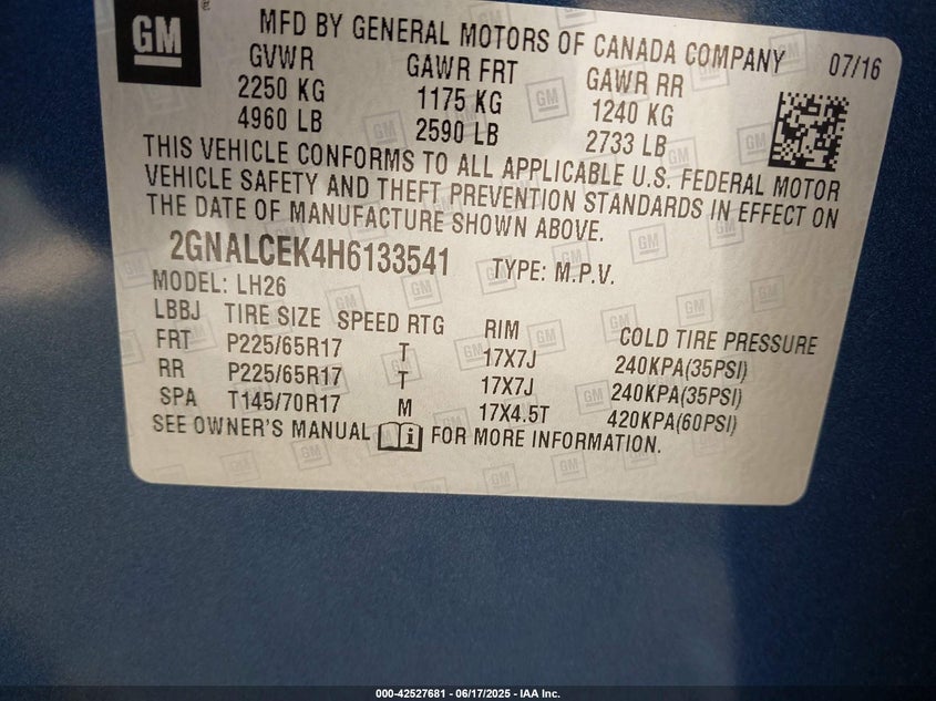 VIN 2GNALCEK4H6133541 2017 CHEVROLET EQUINOX LT