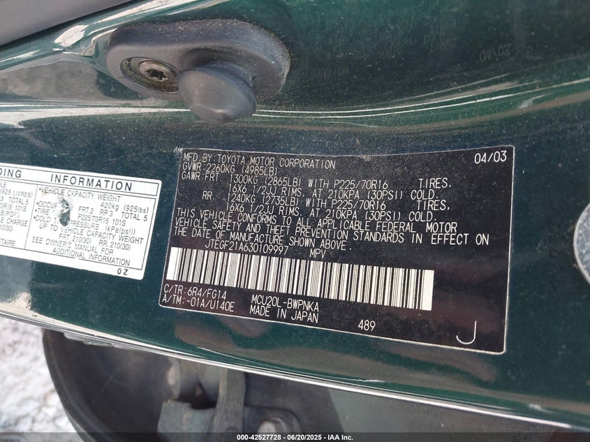 2003 Toyota Highlander V6 VIN: JTEGF21A630109997 Lot: 42527728