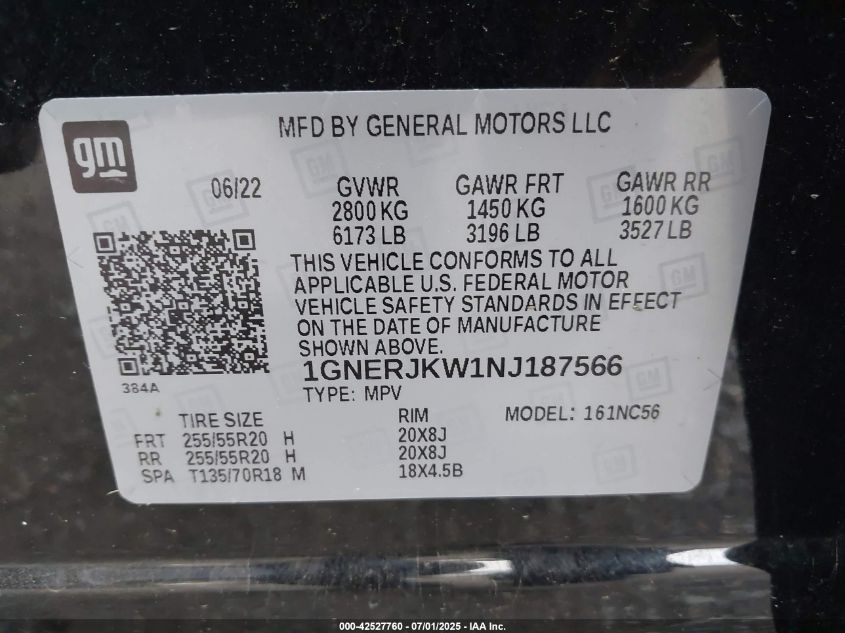 2022 Chevrolet Traverse Fwd Rs VIN: 1GNERJKW1NJ187566 Lot: 42527760