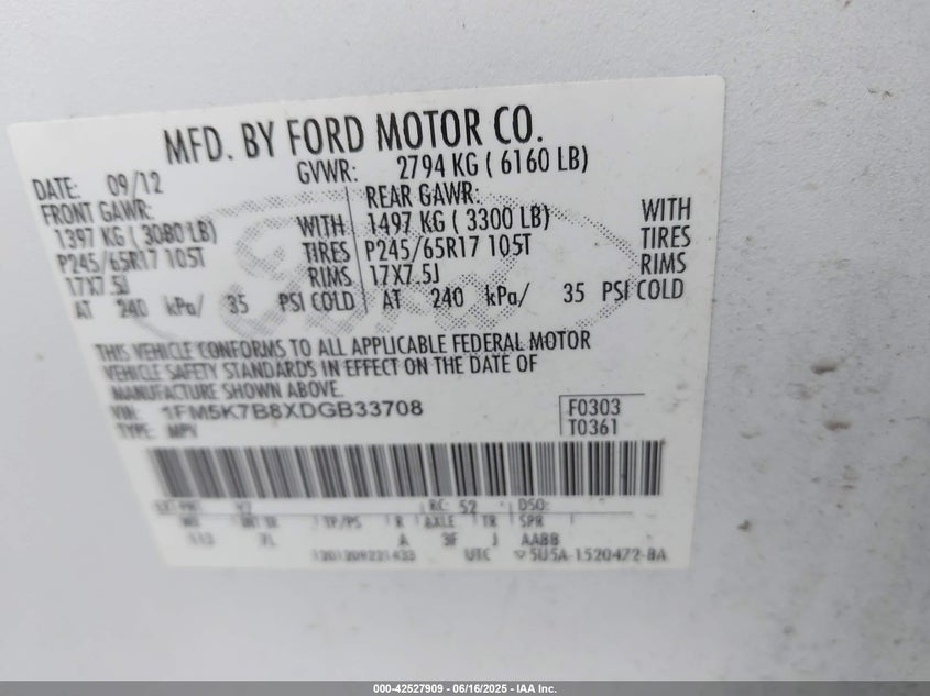 2013 FORD EXPLORER VIN: 1FM5K7B8XDGB33708