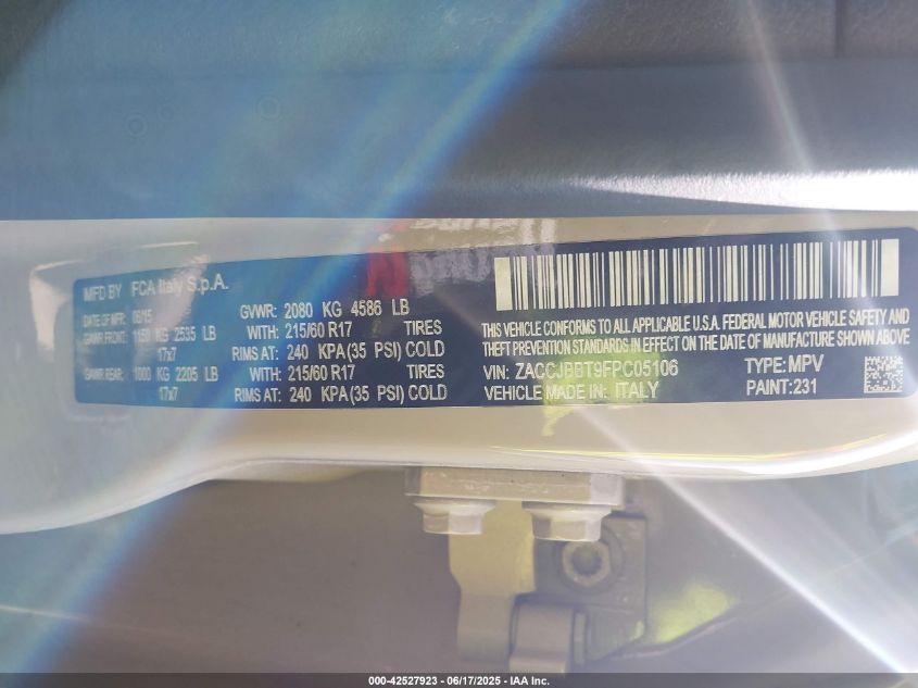 2015 Jeep Renegade Latitude VIN: ZACCJBBT9FPC05106 Lot: 42527923