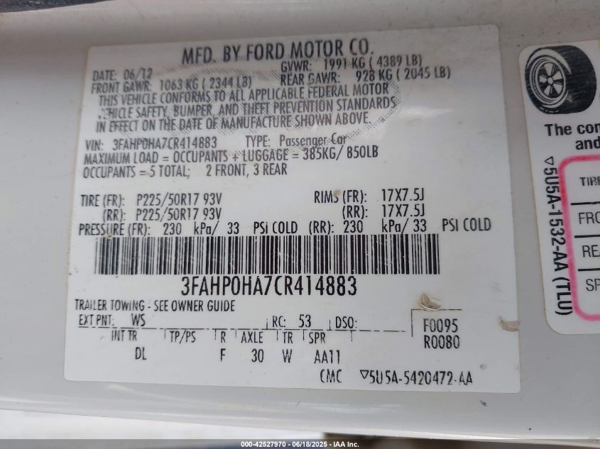 2012 Ford Fusion Se VIN: 3FAHP0HA7CR414883 Lot: 42527970