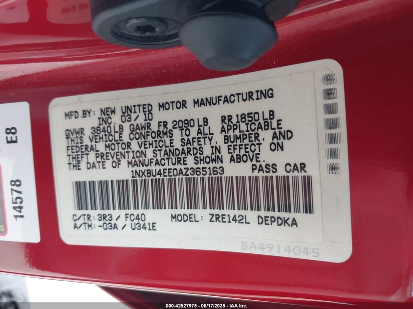 2010 TOYOTA COROLLA VIN: 1NXBU4EE0AZ365163