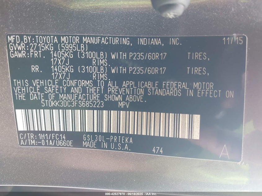 2015 Toyota Sienna Le 8 Passenger VIN: 5TDKK3DC3FS685223 Lot: 42527978