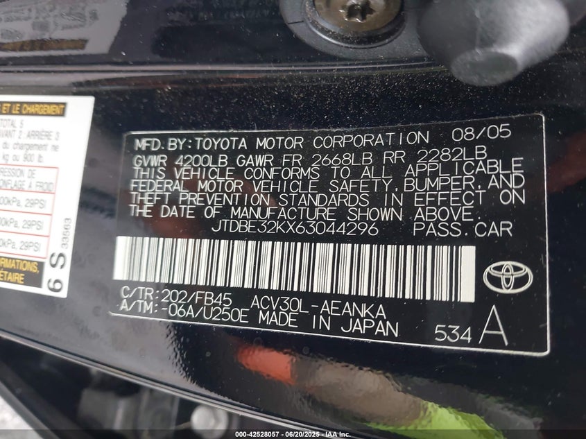 2006 TOYOTA CAMRY VIN: JTDBE32KX63044296