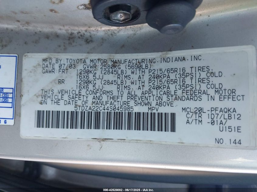 2004 Toyota Sienna Xle VIN: 5TDZA22C44S045985 Lot: 42528082