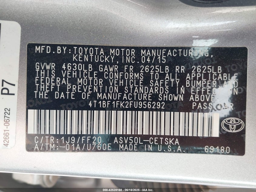 2015 TOYOTA CAMRY VIN: 4T1BF1FK2FU956292