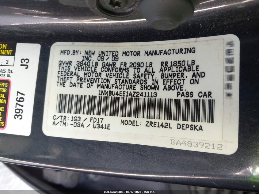 2010 TOYOTA COROLLA VIN: 1NXBU4EE1AZ241113