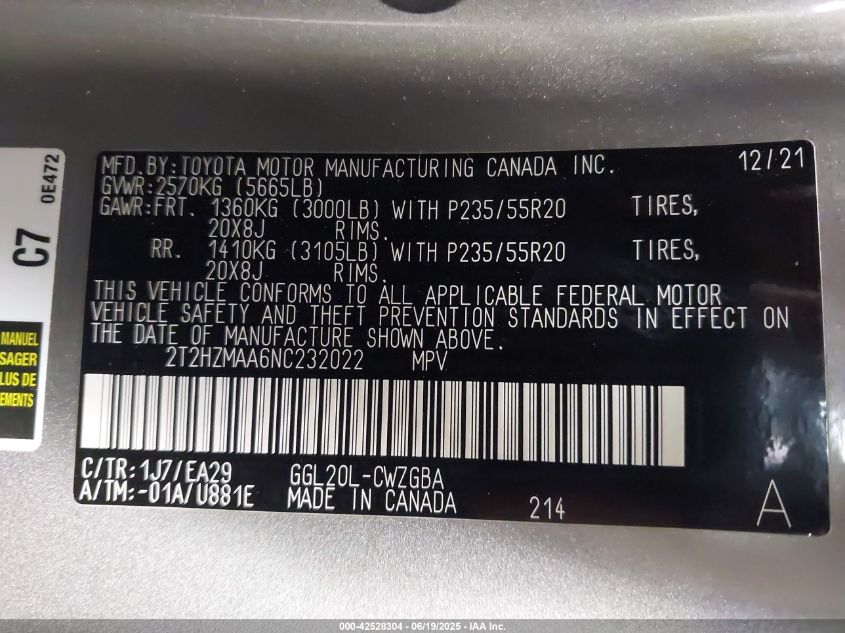 2022 Lexus Rx 350 VIN: 2T2HZMAA6NC232022 Lot: 42528304