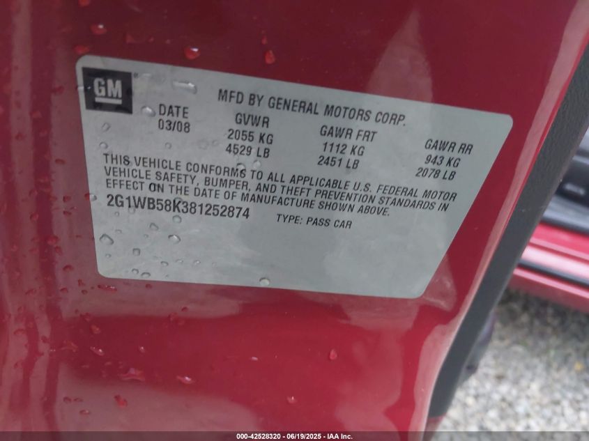 2008 Chevrolet Impala Ls VIN: 2G1WB58K381252874 Lot: 42528320