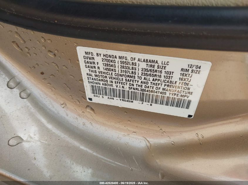 2005 Honda Odyssey Ex-L VIN: 5FNRL38645B047405 Lot: 42528400