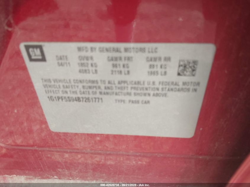 2011 Chevrolet Cruze VIN: 1G1PF5F94B7261771 Lot: 42528738