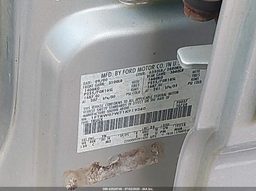 2001 Ford F-150 Harley-Davidson Edition/King Ranch Edition/Lariat/Xlt VIN: 1FTRW07W71KF19360 Lot: 42528746