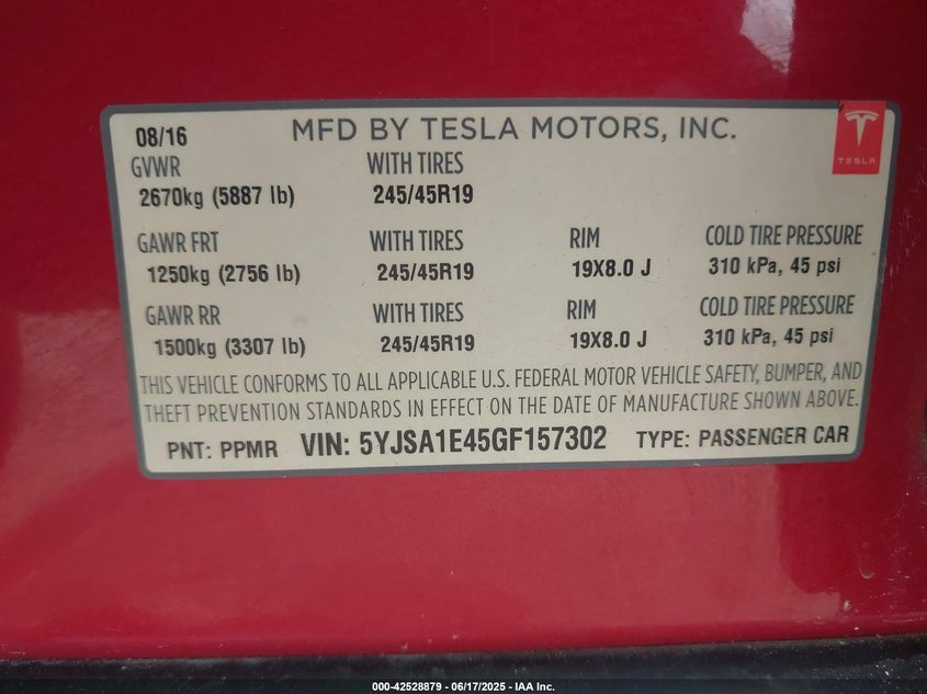 2016 Tesla Model S 90D/P100D/P85D/P90D VIN: 5YJSA1E45GF157302 Lot: 42528879