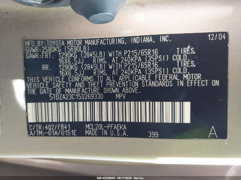 2005 Toyota Sienna VIN: 5TDZA23C15F269330 Lot: 42528926