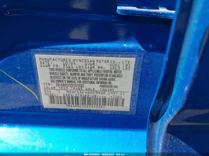 VIN 3N1AB8CV2SY243583 2025 NISSAN SENTRA SV