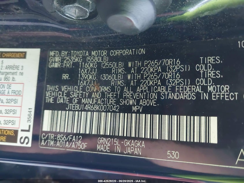 2008 TOYOTA 4RUNNER VIN: JTEBU14R68K007042