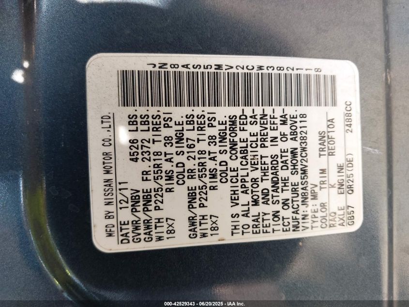 2012 Nissan Rogue Sv W/Sl Pkg VIN: JN8AS5MV2CW382118 Lot: 42529343