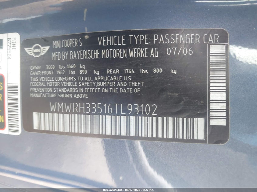 2006 Mini Cooper S VIN: WMWRH33516TL93102 Lot: 42529434