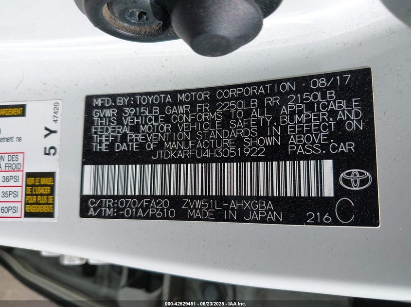 2017 TOYOTA PRIUS VIN: JTDKARFU4H3051922