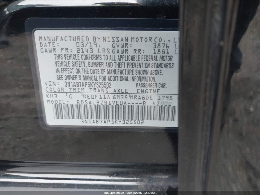 VIN 3N1AB7AP5KY325502 2019 NISSAN SENTRA S